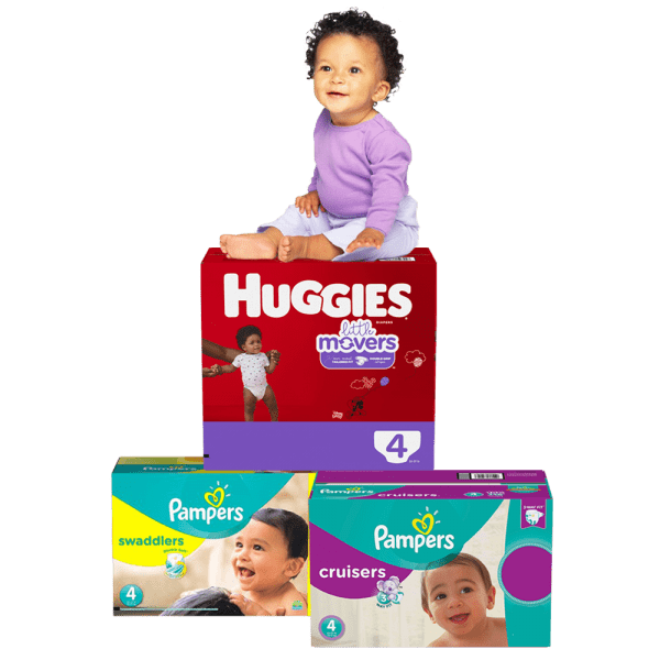 Baby sitting on huggies diaper box pampers diapers with checker background