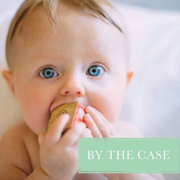 Monthly diaper subscription service with cute blue eyed baby with block in his month
