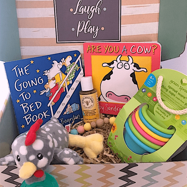 baby gift box of books and toys for six month old