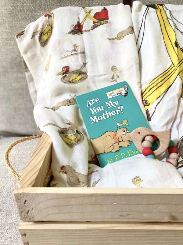 wooden box with baby swaddles baby book and teether for luxury gift