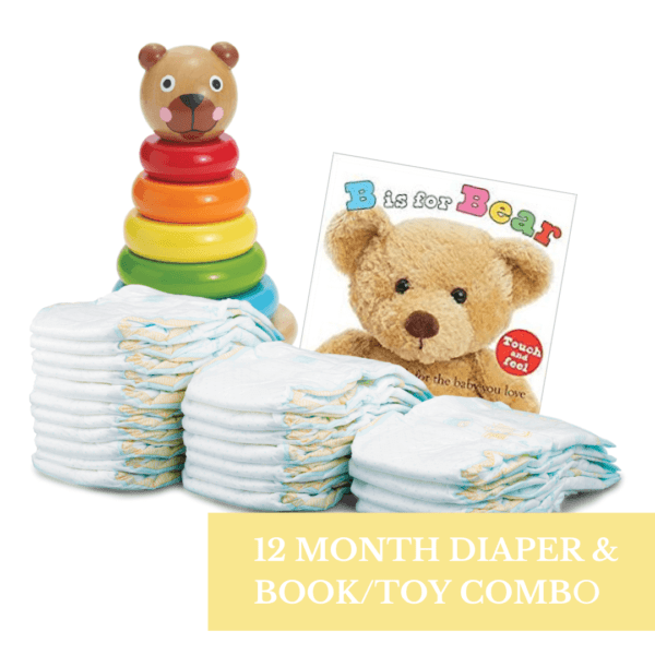 Diapers plus baby book with teddy bear and wooden baby toy