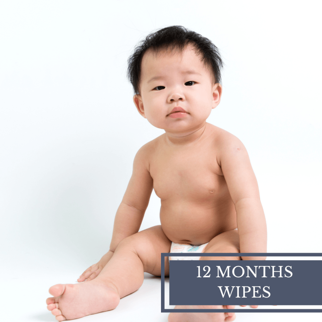 1 year old baby boy sitting on the floor used to advertise 12 cases of wipes subscription gift