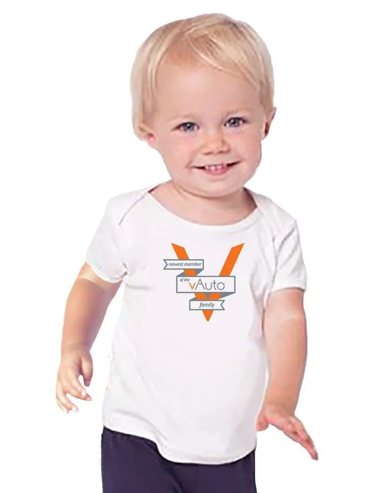 baby wearing a white shirt with a company logo on the front as a corporate baby gift