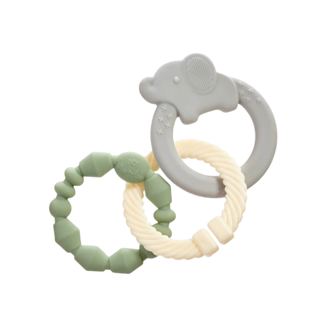 Itzy Loops with ring teethers circle shape with an elephant on one