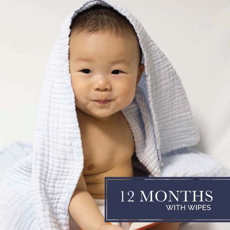 cute baby with blanket on his head used to advertise a 12 months diaper subscription with wipes