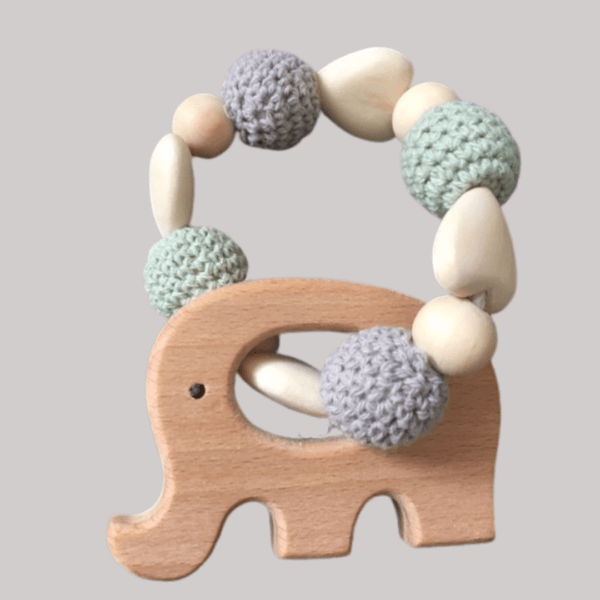 wooden beaded teether with wooden elephant