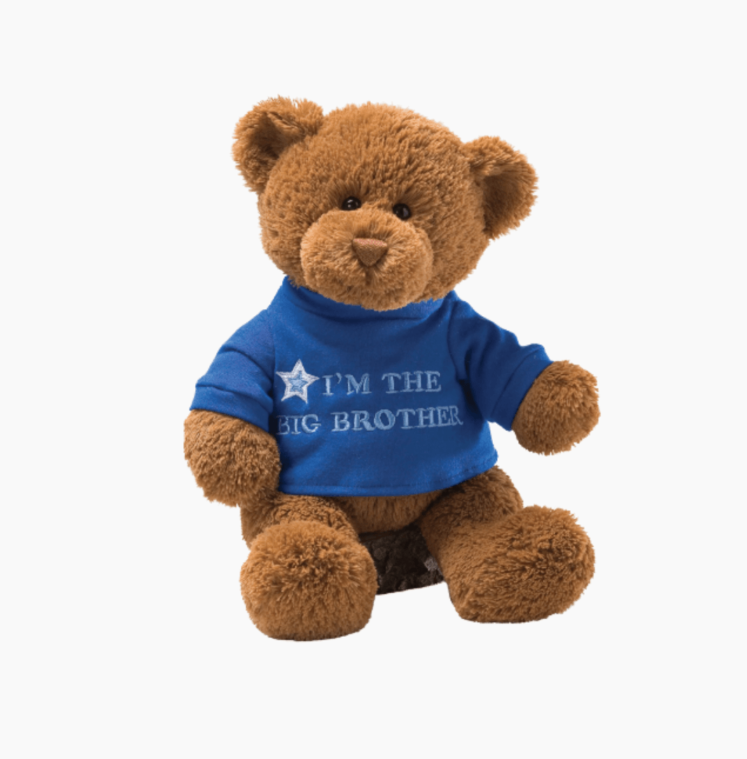Teddy bear with a blue shirt on that says I'm a big brother
