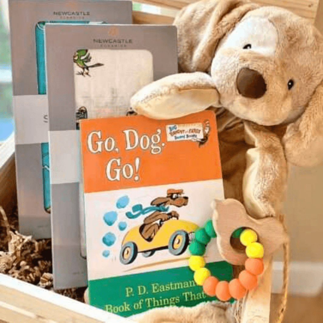 Baby gift in wooden crate with go dog go book, swaddles with go dog go print and rattle and plush dog