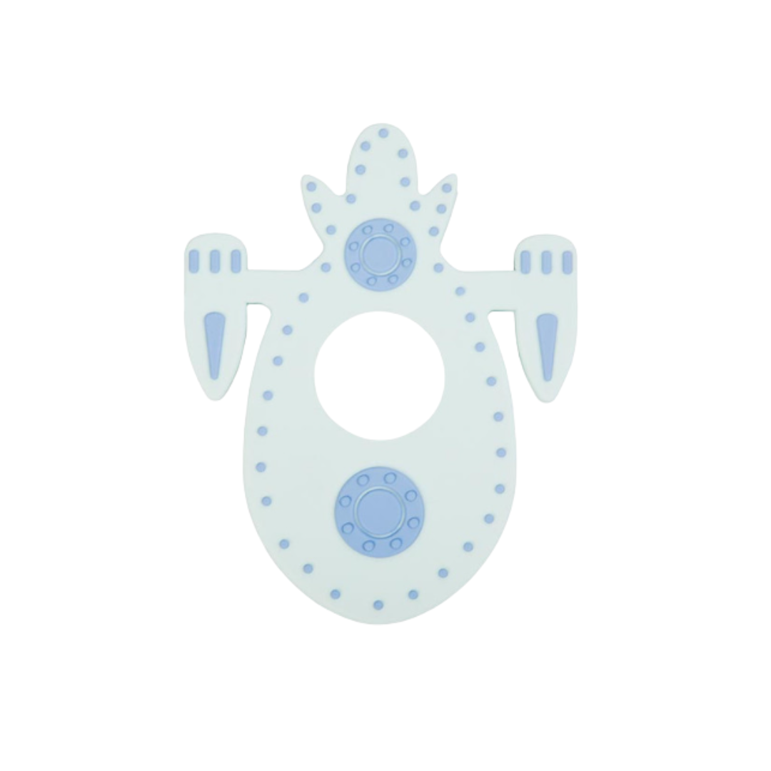 Spaceship Teether - Baby Showers By Mail Silicone baby bib shaped like a friendly monster with blue dots and ring fasteners on the sides.