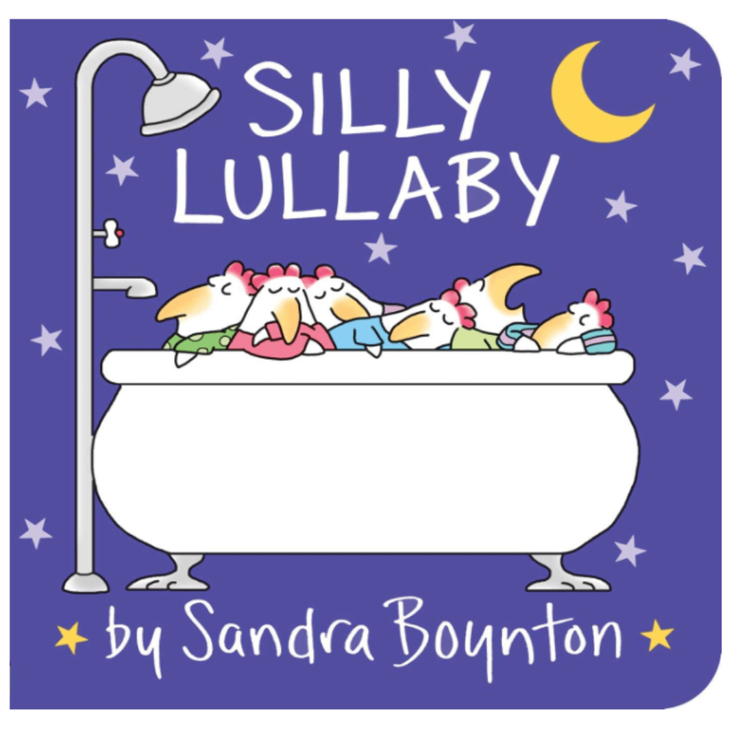 Silly lullaby board book is a cute purple cover with chickens in a tub