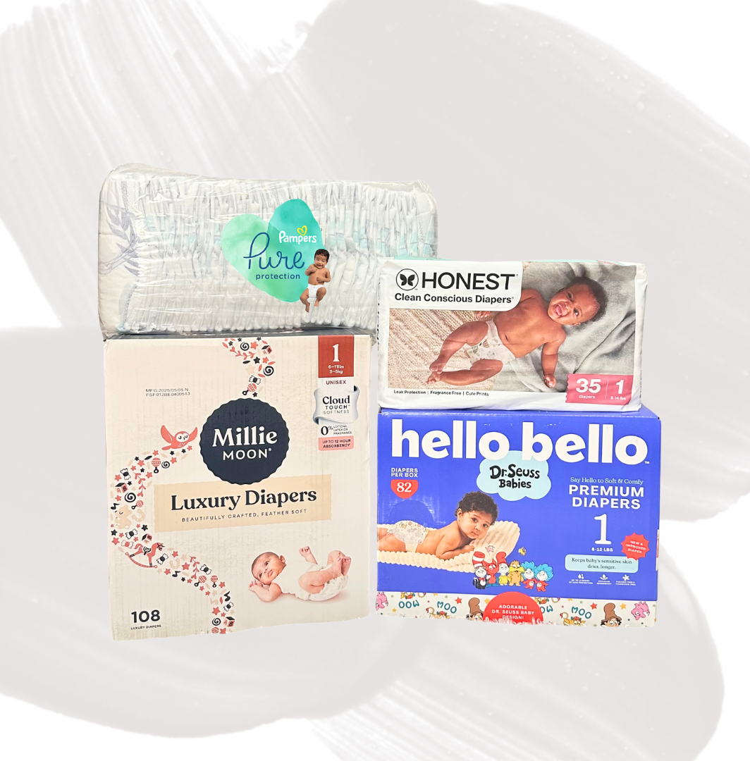 Premium diaper sample box that includes pampers pure, honest, millie moon and rascal and friends