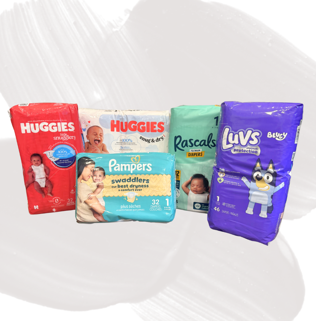 Row of baby diaper packs from Huggies, Pampers, Rascal + Friends, and Luvs lined up on a white background