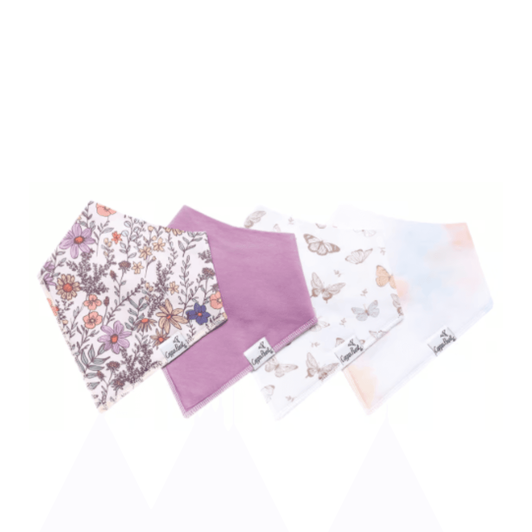 Copper pearl flora bandana bib set - Baby Showers By Mail copper pearl flora bandana bibs with butterflies and flowers on them