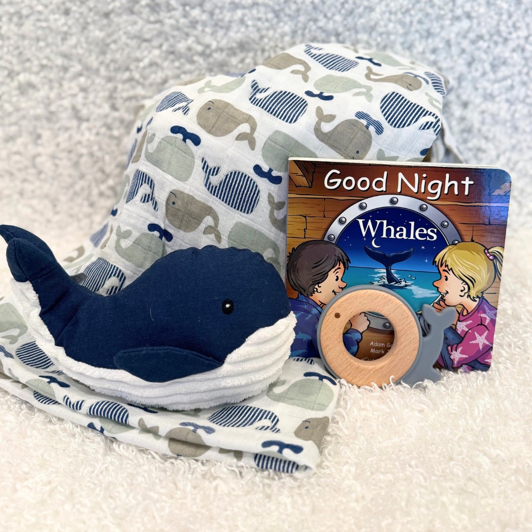 Good night whale baby gift basket - Baby Showers By Mail Good night whale baby gift basket with a whale swaddle theme blanket, whale stuffy, whale teether and good night whale board book